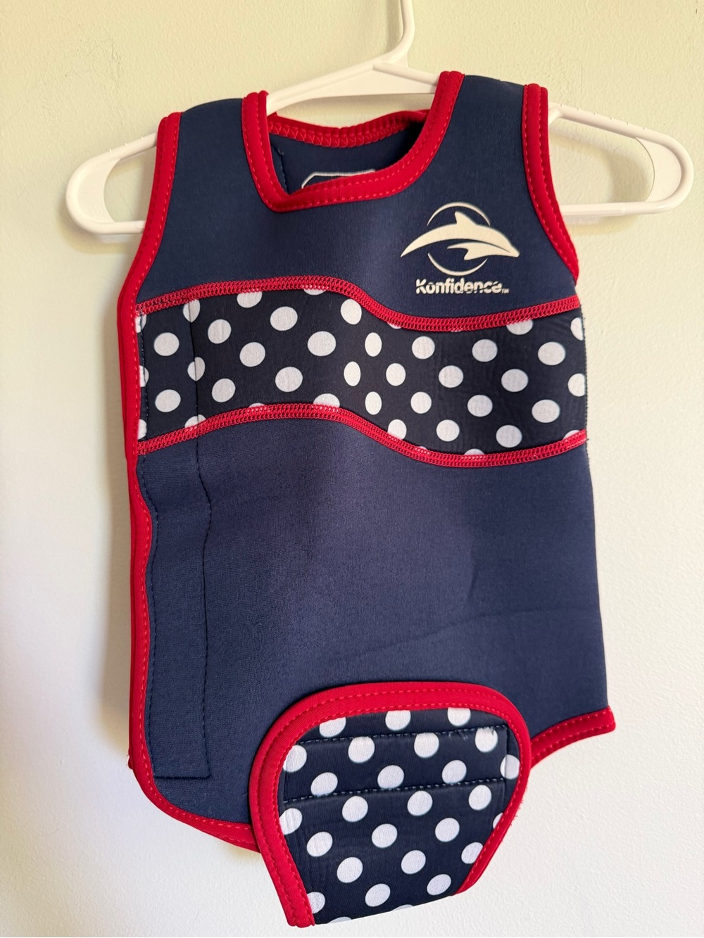 Konfidence Navy & White Polka Dot Wetsuit Swim Vest with Red Trim Beach Water